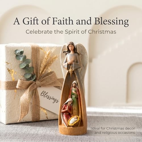 Hand-Painted Wooden Nativity Scene Figurine with Angel Table Decor