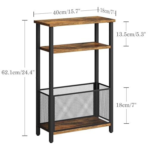 3-Tier Slim Side Table with Storage Basket, Rustic Brown Narrow End Table