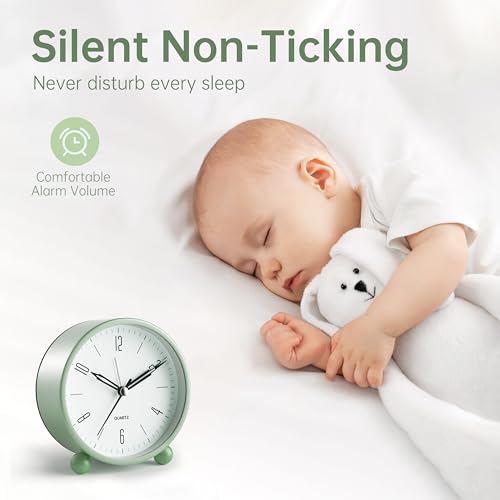 4-Inch Silent Analog Alarm Clock with Night Light, Battery Powered (Green)