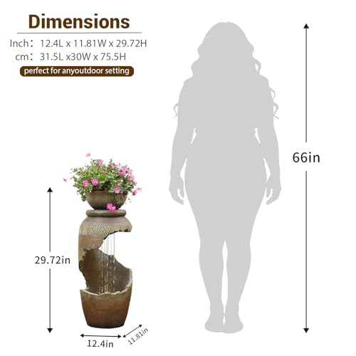 Modern Spiral Tiered Outdoor Water Fountain with LED Light & Planter