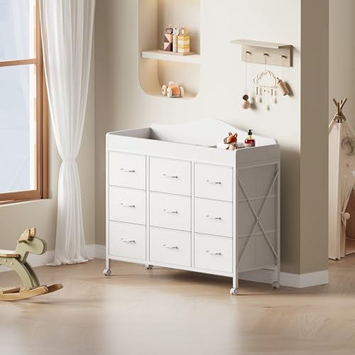 Mobile Baby Changing Table with 9 Storage Bins and Waterproof Pad, White