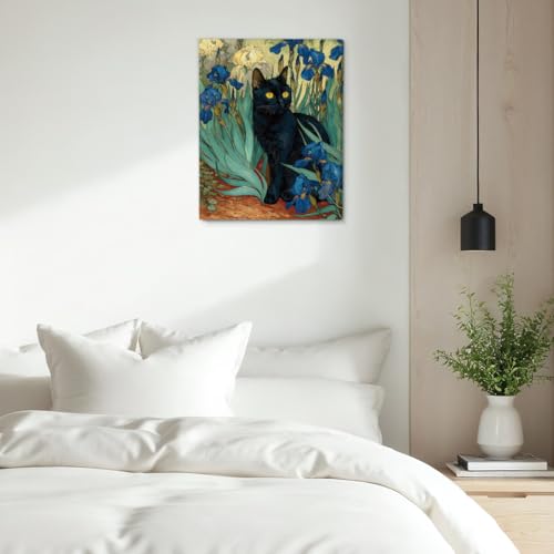 Suifad Oil-9 Vintage Floral Cat Wall Art 8x10 in Framed Canvas Print - Blue Flowers