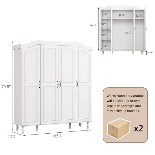 71-Inch Arched Armoire Wardrobe Closet, 4-Door White Wooden Storage Cabinet