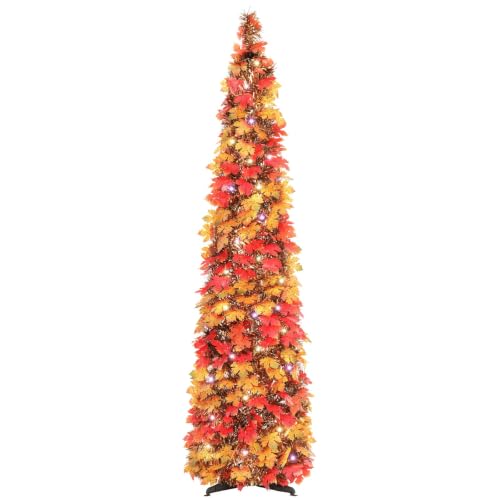 5FT Pre-Lit Fall Pop Up Tinsel Pencil Tree with Timer - Autumn Decor