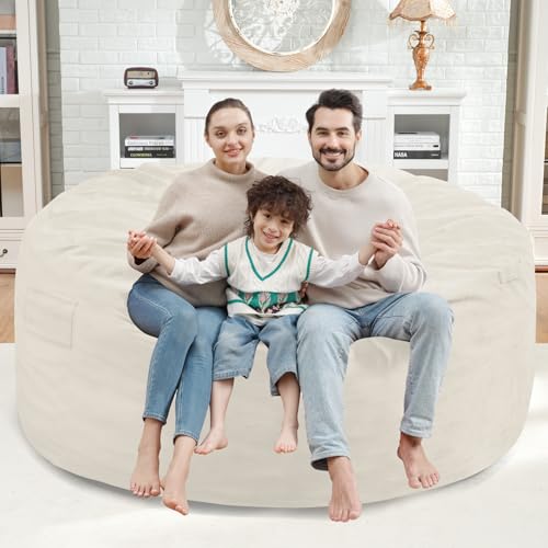 5ft Memory Foam Bean Bag Chair - Large Round Velvet Beanbag Sofa, Beige