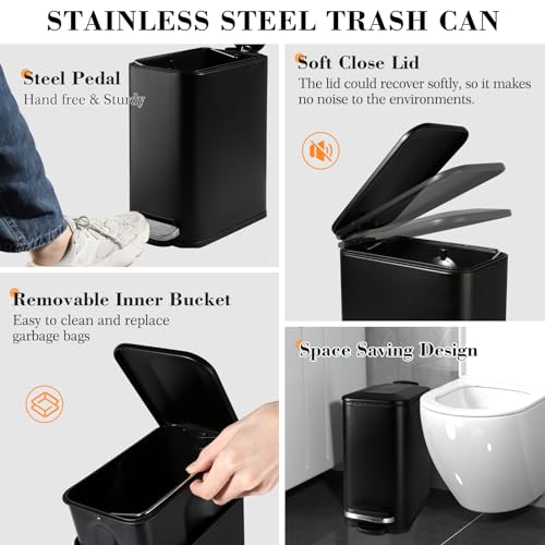 7-Piece Matte Black Glass Bathroom Accessory Set with Trash Can