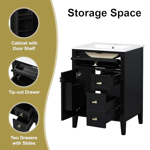 24-Inch Bathroom Vanity with Sink Combo, Solid Wood Storage Cabinet
