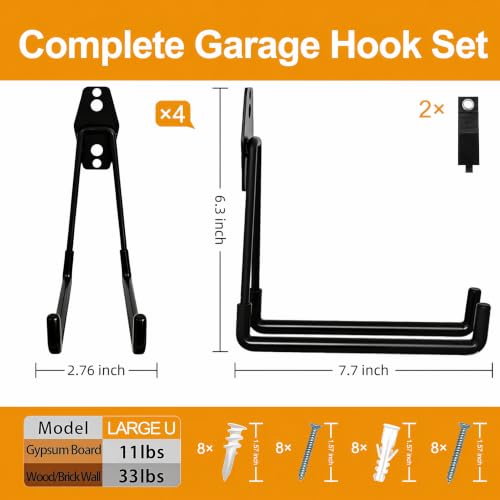 Heavy Duty Garage Wall Hooks 4 Pack Large Square Utility Hangers for Ladders and Bikes
