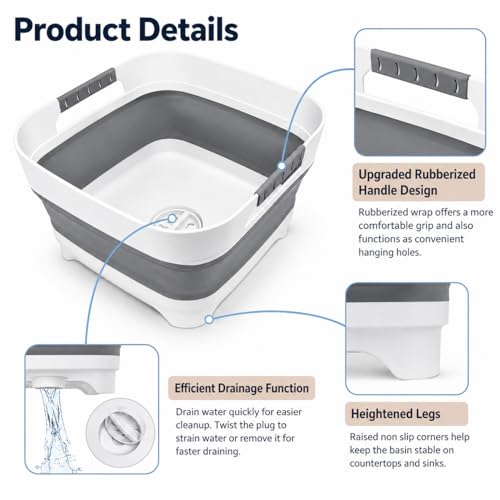 Goderewild Gray Collapsible Wash Basin 9L with Drain Plug for Kitchen & Camping