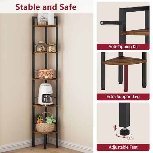 5-Tier Industrial Corner Shelf, 60.5" Tall Narrow Corner Bookshelf Stand