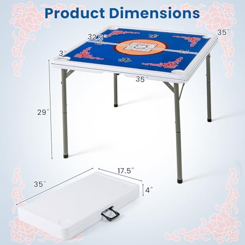 35" Square Folding Mahjong Table with Cup Holders and Non-Slip Mat