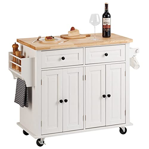 35.4" Rolling Kitchen Island Cart with Solid Wood Top & Storage, White