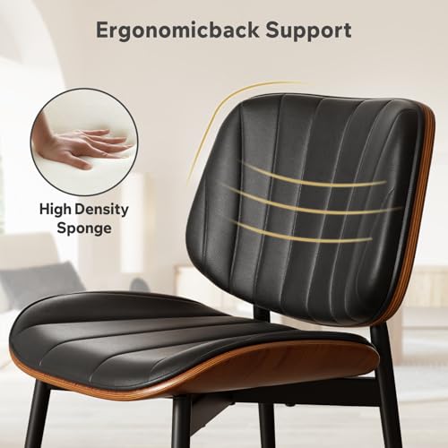 Black Set of 2 Mid Century Modern Dining Chairs - Upholstered Faux Leather & Walnut Bentwood Back, Metal Legs