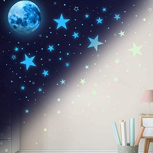 Glow in the Dark Moon and Stars Wall Decals for Kids Bedroom Ceiling