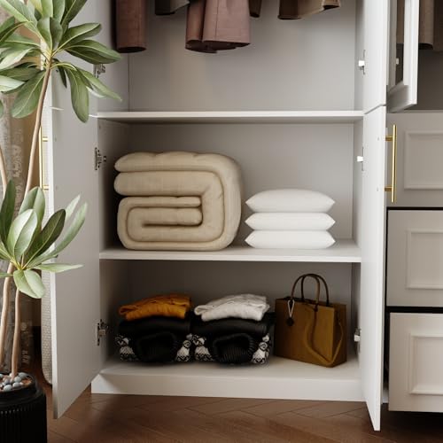 Modern White Wardrobe Armoire with Drawers, Shelves, and Hanging Rods