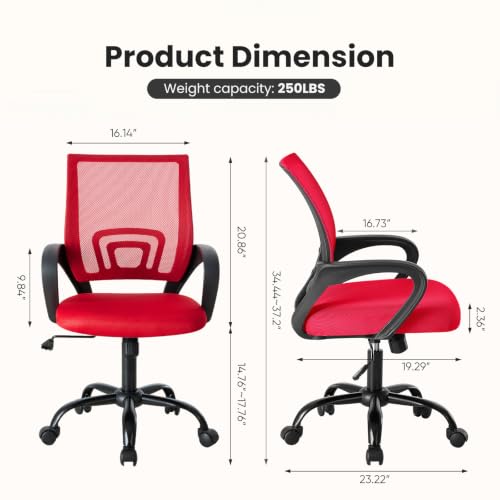 Ergonomic Mesh Office Desk Chair with Lumbar Support & Swivel - Red