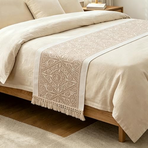 Waterproof Faux Linen Bed Runner with Tassels - Scandinavian Jacquard Bed Scarf