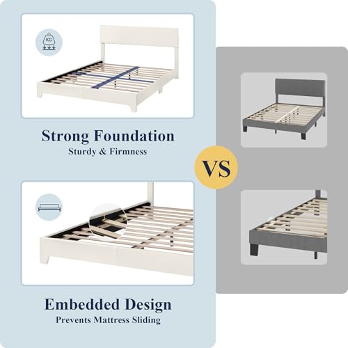 Full Size Upholstered Platform Bed Frame with Adjustable Headboard, White