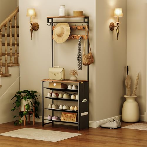 Industrial Hall Tree with Bench, Entryway Coat Rack and Shoe Storage