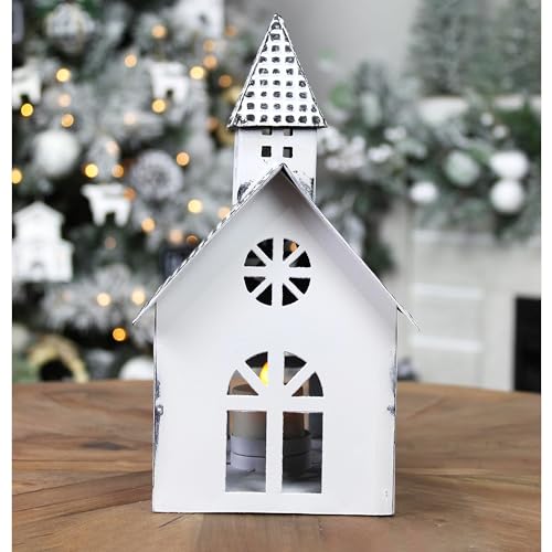 White Metal Farmhouse Christmas Village Set of 3 Candle Lantern Houses