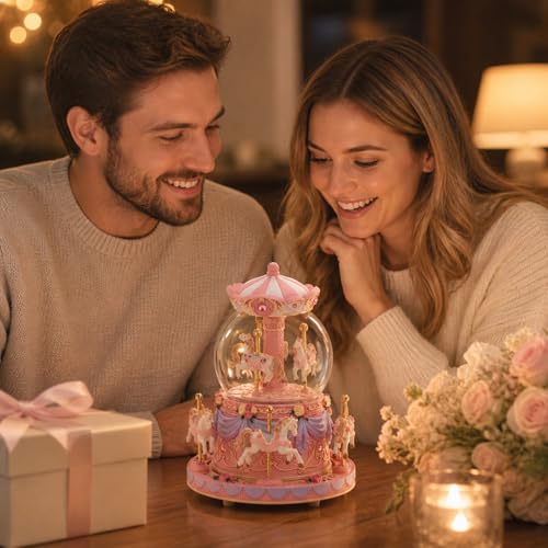 Carousel Snow Globe Music Box with Rotating Horses, LED Lights & Glitter
