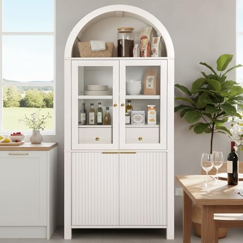 71-Inch Tall Arched Kitchen Pantry Cabinet with Glass Doors and Storage