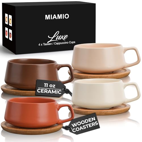 MIAMIO Cappuccino Cup Set of 4 Beige Pastel Ceramic 9.5oz Coffee Mugs with Wooden Coasters