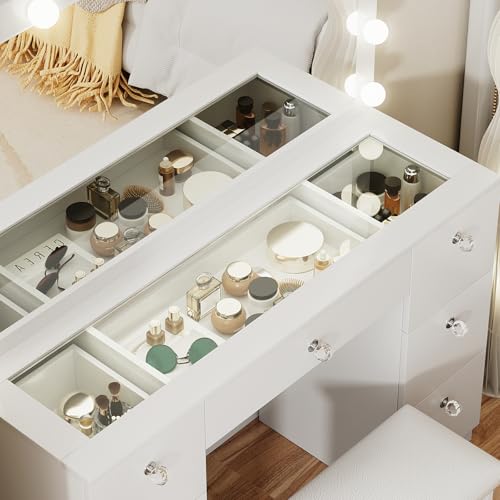 44-Inch Makeup Vanity Desk with Lighted Mirror, 7 Drawers and Stool