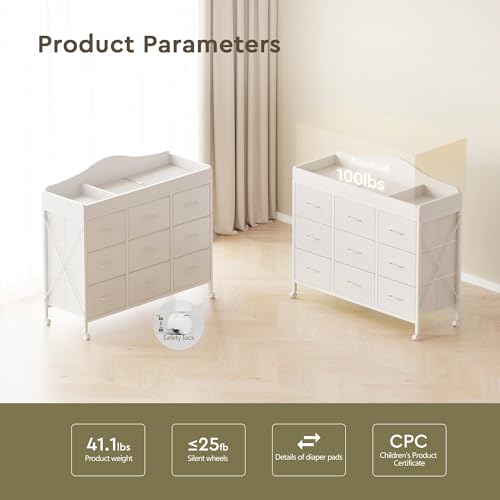 Mobile Baby Changing Table with 9 Storage Bins and Waterproof Pad, White