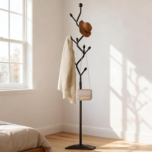 Tree-Shaped Metal Coat Rack with 8 Hooks and Weighted Cast Iron Base