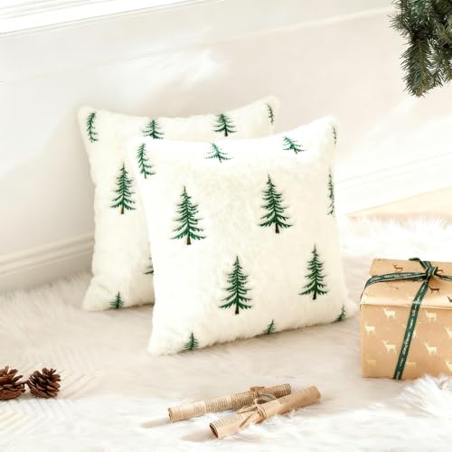 Christmas Pillow Covers 18x18 Set of 2 Christmas Tree Pillow Covers with Embroidered Soft Plush Faux Fur Farmhouse Decorations for Winter Holiday Home Bedroom Sofa Cushion Cases