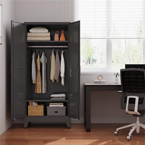 71-Inch Metal Wardrobe Closet with Hanging Rod, 2 Doors, and Shelves