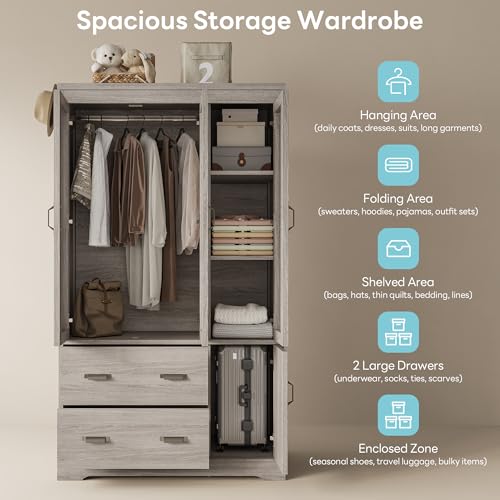 LIKIMIO Grey 70-inch Freestanding Bedroom Armoire with Drawers & Multi-Zone Storage
