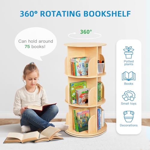 3-Tier Rotating Bookshelf, Spinning Corner Bookcase for Kids & Nursery