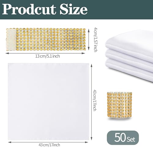 50-Piece White Satin Cloth Napkins and Napkin Rings Set, 17 x 17 Inch