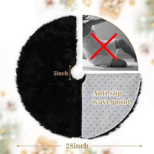 28 Inch Black Faux Fur Christmas Tree Skirt with Anti-Slip Backing