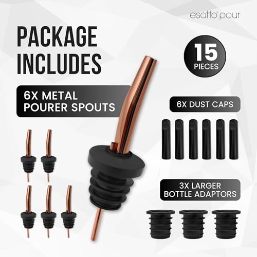 Esatto Copper Stainless Steel Liquor Pourers with Dust Caps - 6 Pack