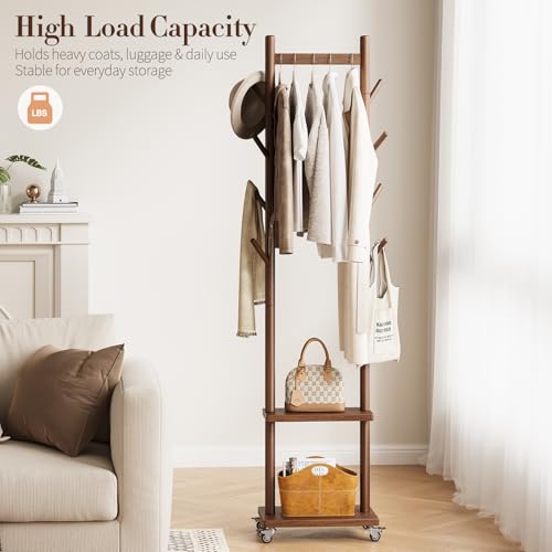 Solid Wood Rolling Coat Rack with 8 Hooks & Shelves, Portable Garment Stand