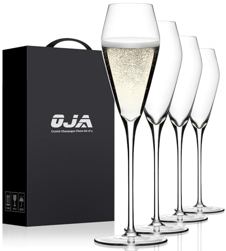 Hand-Blown Crystal Champagne Flutes - 7.5oz Tulip Glasses, Set of 4