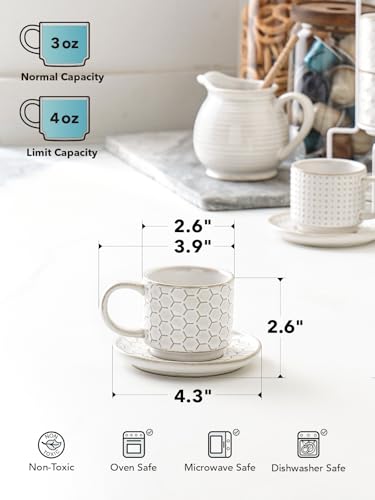 LE TAUCI 4 oz Stackable Espresso Cups with Saucers & Stand - Ceramic Double Shot, Macchiato, Lungo, Ristretto Set, Microwave & Oven Safe - White Embossed