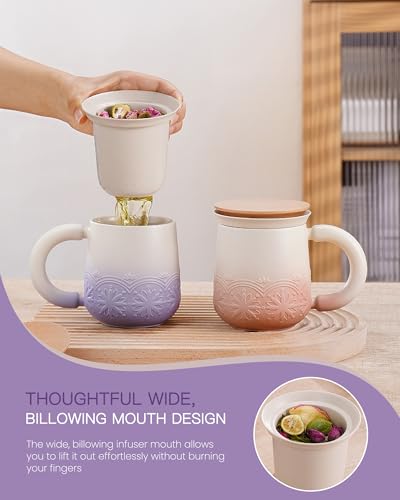 ZENS 12oz Purple Tea Mug with Infuser & Wooden Lid – Handcrafted Ceramic, Oolong & Loose Leaf Compatible