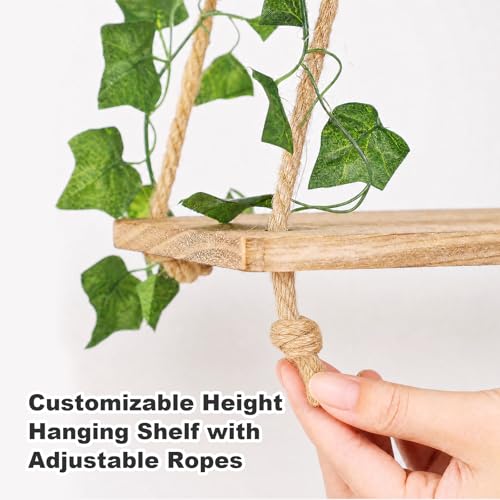 2-Piece Macrame Floating Wall Shelves with LED Lights and Artificial Ivy