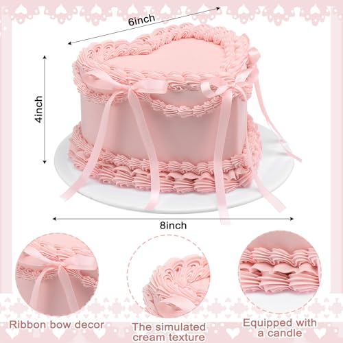 6-Inch Heart Shaped Pink Fake Cake Prop with Bow for Party Decor