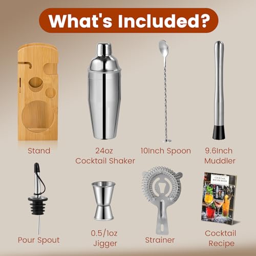 ZPUFAW 8-Piece Cocktail Shaker Set with Wooden Stand - Bar Tool Kit
