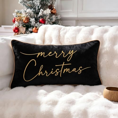 ONWAY Black Christmas Pillow Cover 12x20 Inches Embroidered Gold Holiday Decor