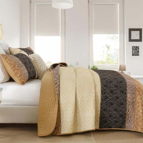 Cottolester King Size Boho Plaid Quilt Set - 3 Piece Brown Bedspread
