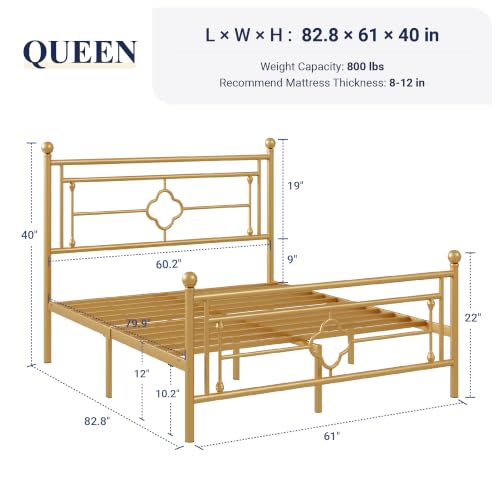 Queen Size Metal Platform Bed Frame with Victorian Headboard - Gold
