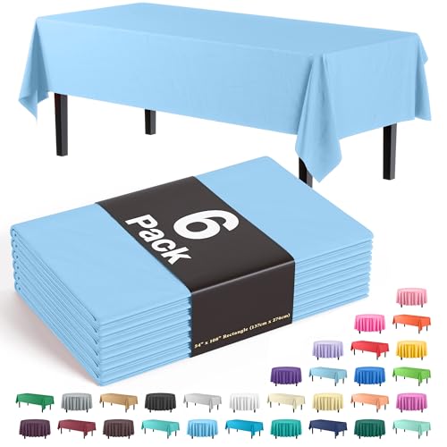 Disposable Plastic Tablecloths 6-Pack - 54 x 108 Inch Light Blue Rectangle Cover