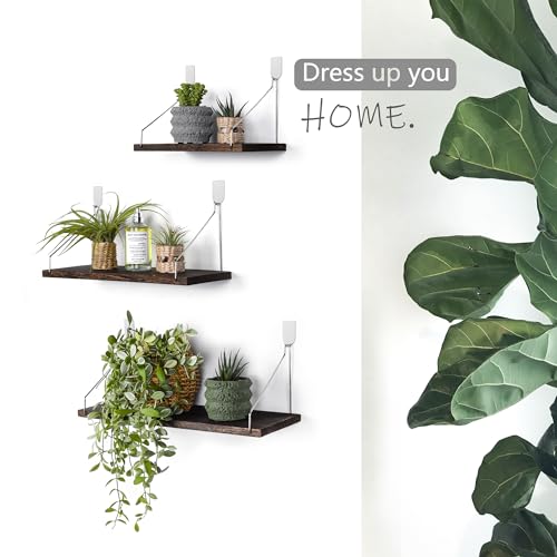 Rustic Wood Floating Wall Shelves - Set of 3 No-Drill Display Racks