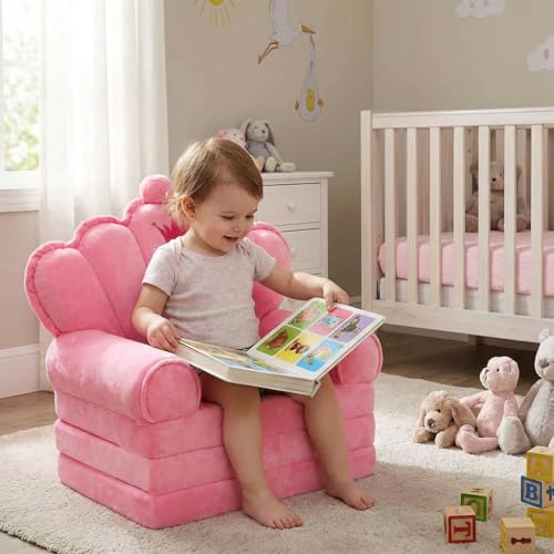 2-in-1 Foldable Toddler Couch and Sofa Bed - Pink Crystal Velvet Kids Chair